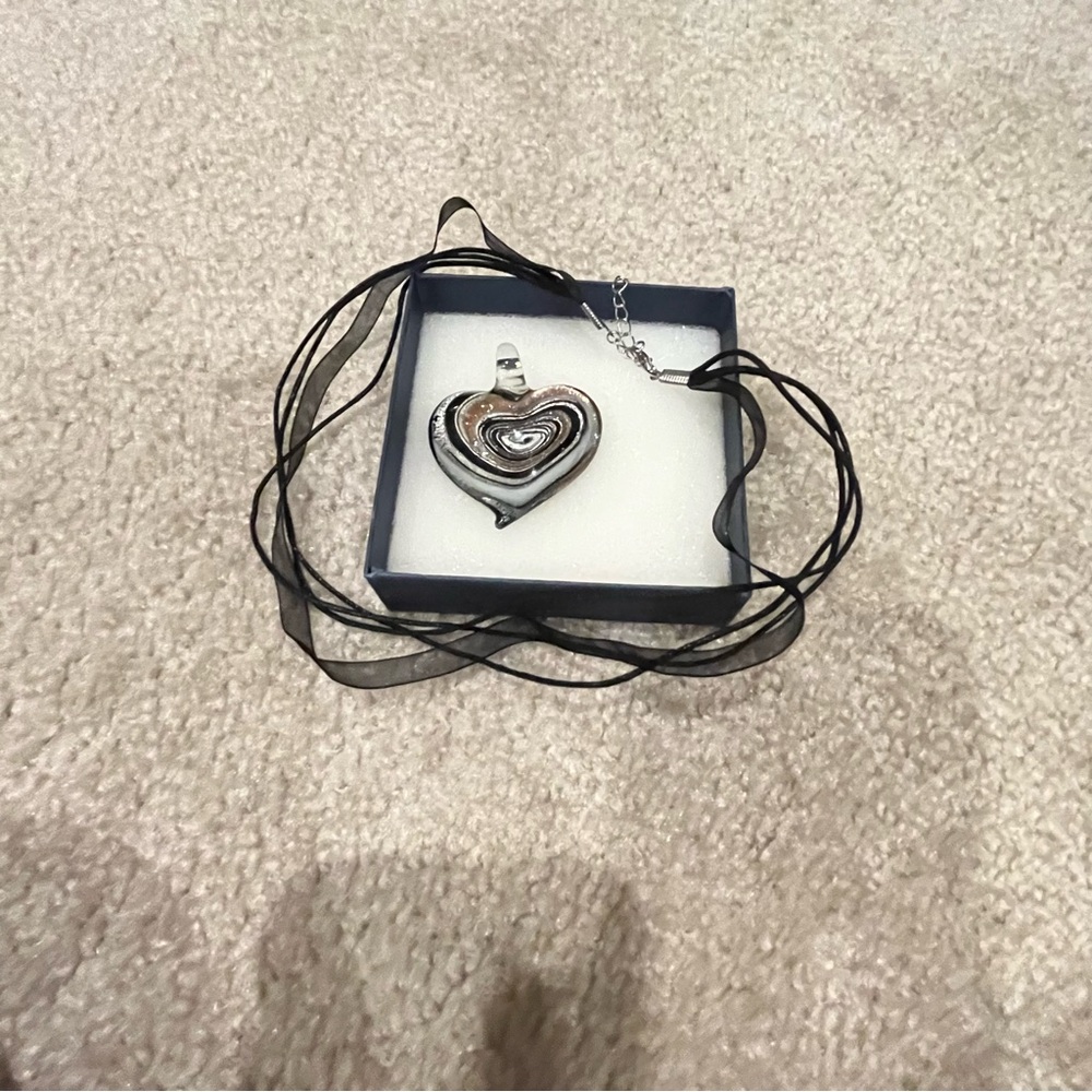 Heart Pendant Necklace with Black Ribbon. Murano glass